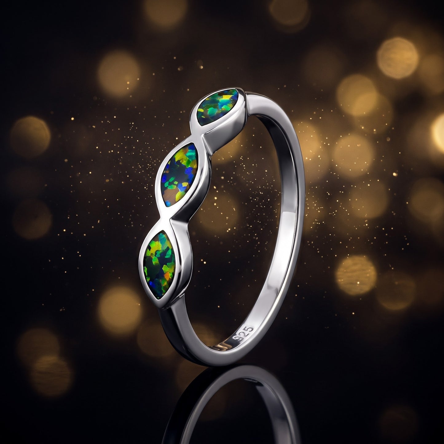 Sterling Silver Triple Marquise Green-Black Lab Opal Ring for Women, Marquise CZ & Lab Opal, Promise Ring Gift view 4