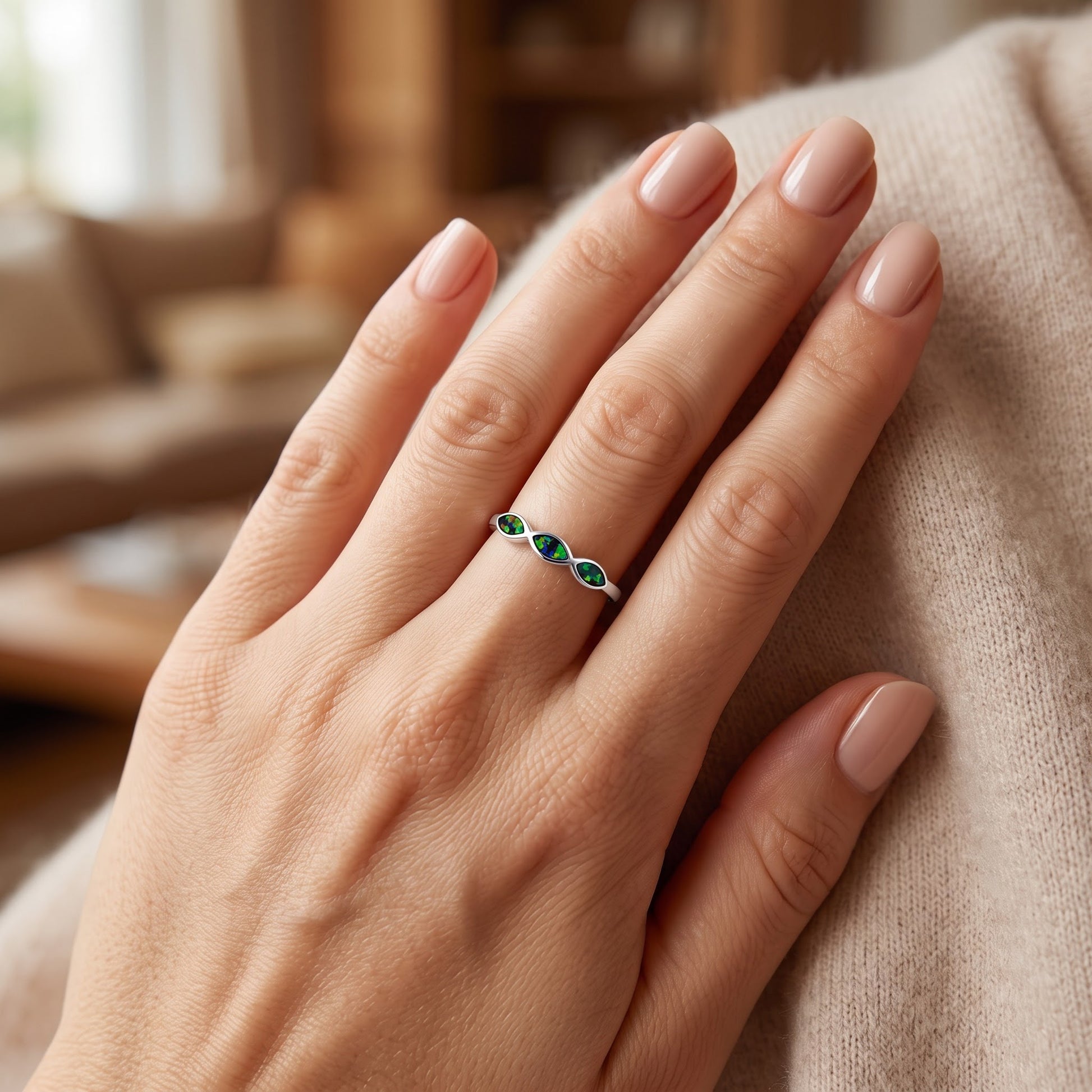 Sterling Silver Triple Marquise Green-Black Lab Opal Ring for Women, Marquise CZ & Lab Opal, Promise Ring Gift view 5
