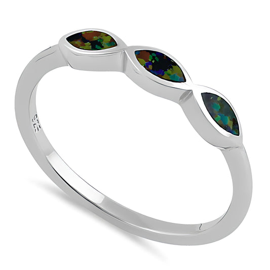 Sterling Silver Triple Marquise Green-Black Lab Opal Ring for Women, Marquise CZ & Lab Opal, Promise Ring Gift
