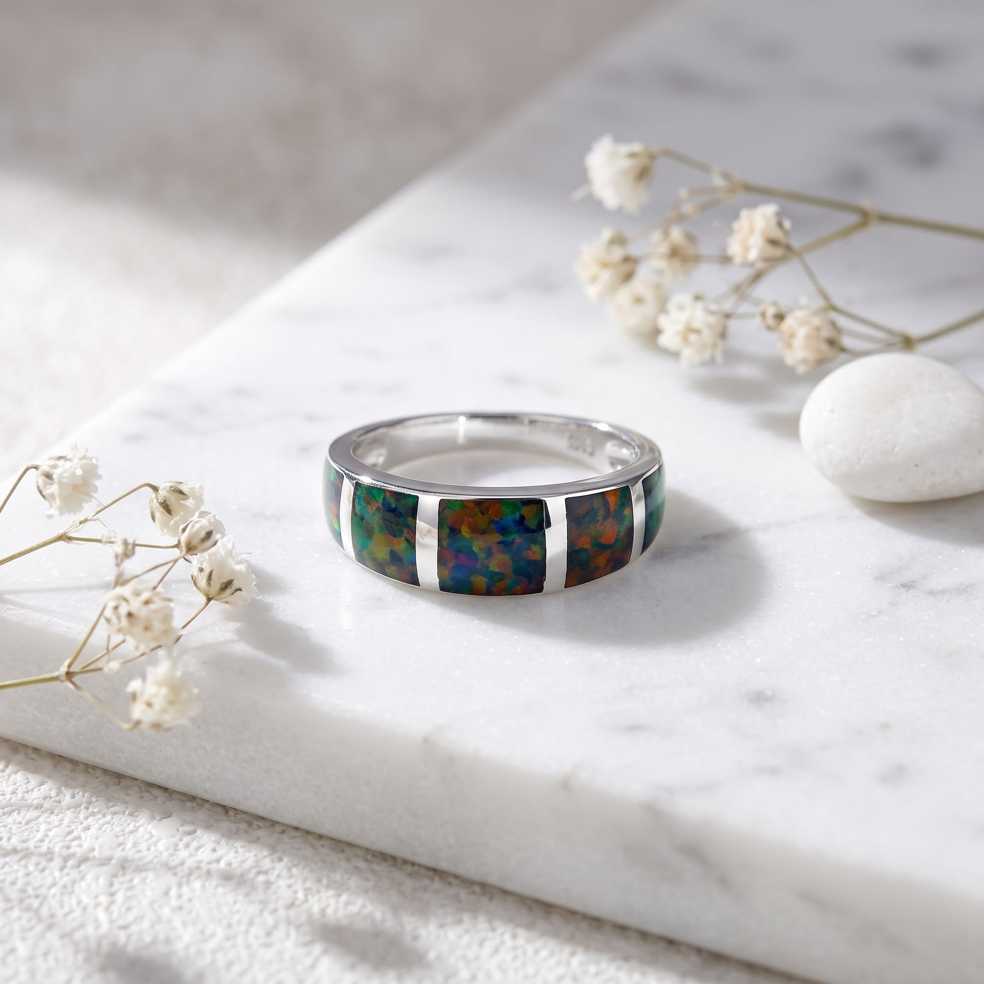Sterling Silver 5 Bar Green-Black Lab Opal Ring for Women, CZ & Lab Opal, Promise Ring Gift view 1