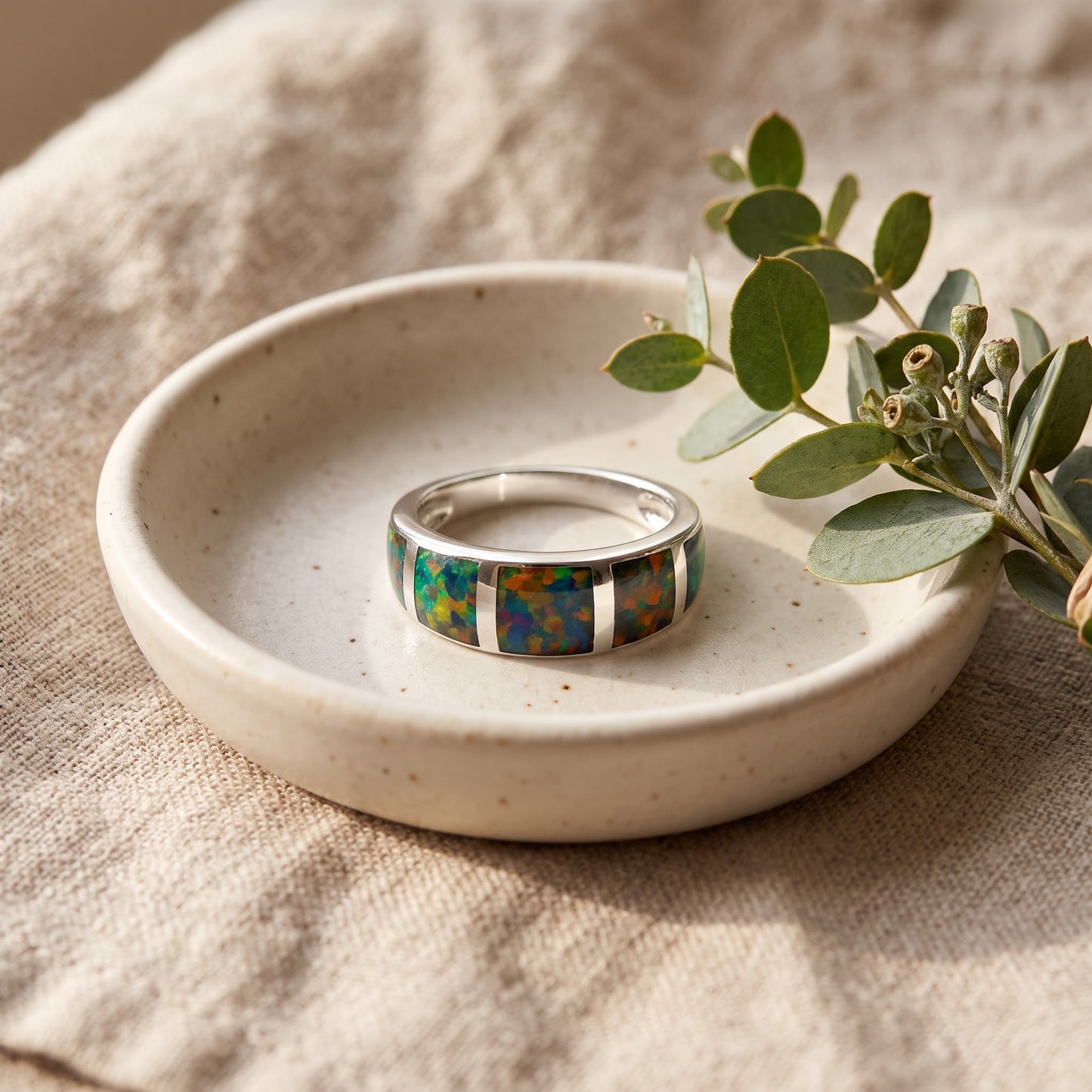 Sterling Silver 5 Bar Green-Black Lab Opal Ring for Women, CZ & Lab Opal, Promise Ring Gift view 2