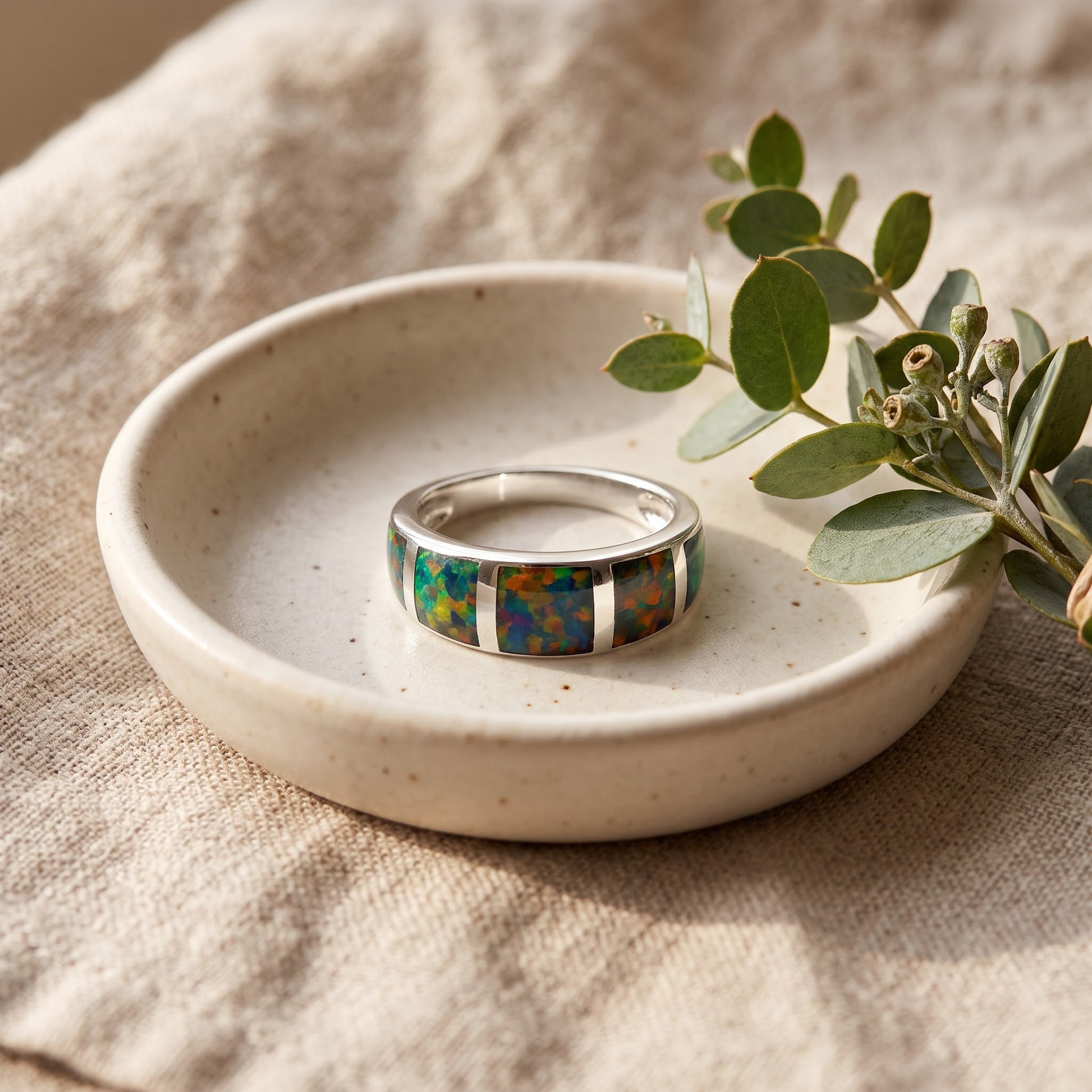 Sterling Silver 5 Bar Green-Black Lab Opal Ring for Women, CZ & Lab Opal, Promise Ring Gift view 2