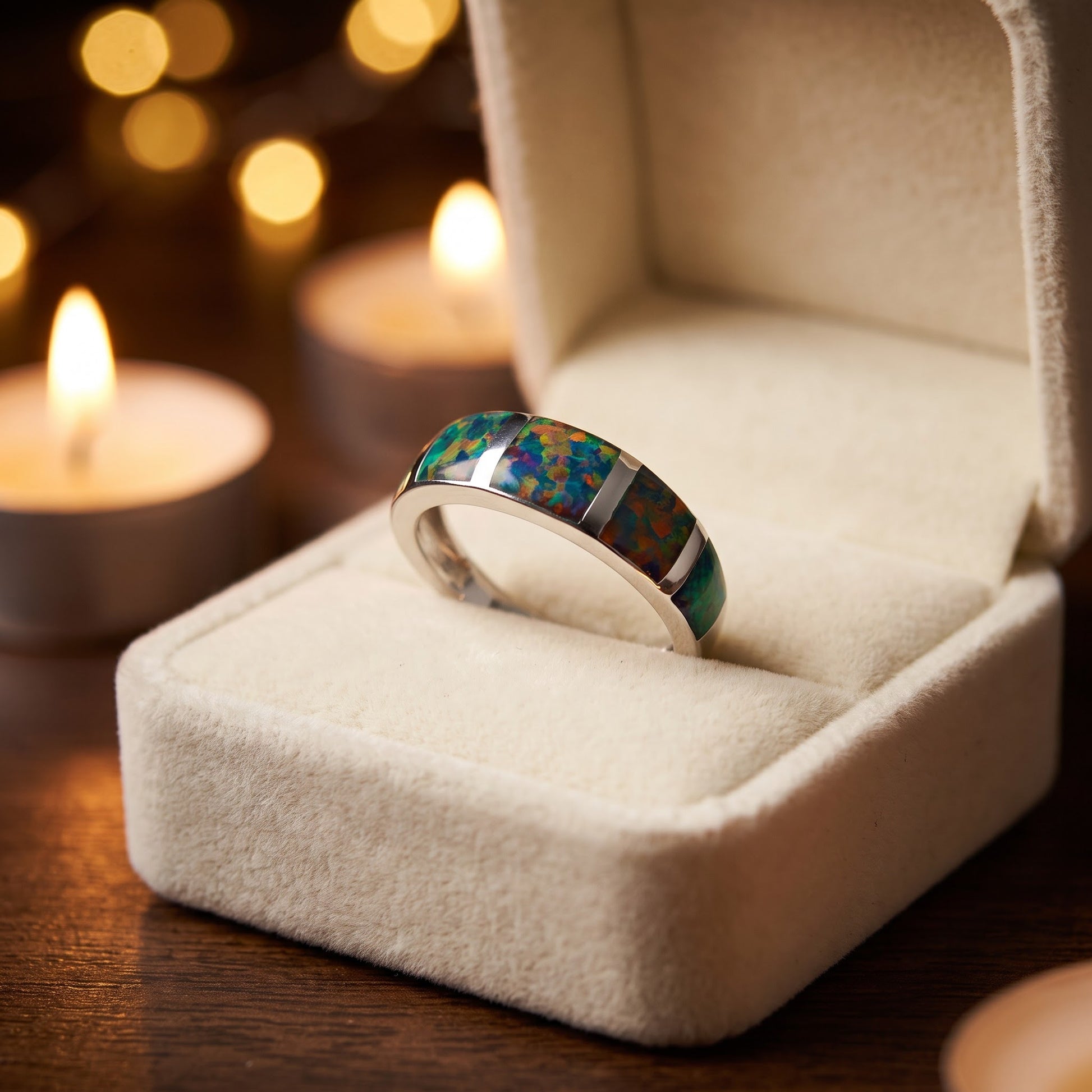 Sterling Silver 5 Bar Green-Black Lab Opal Ring for Women, CZ & Lab Opal, Promise Ring Gift view 3