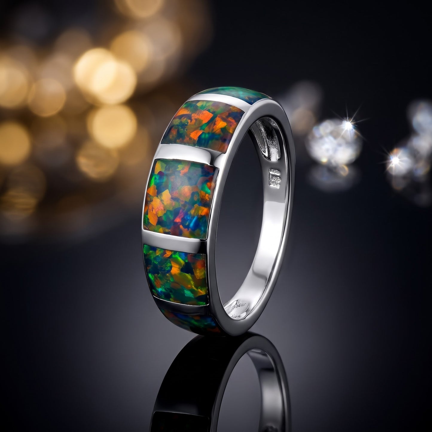 Sterling Silver 5 Bar Green-Black Lab Opal Ring for Women, CZ & Lab Opal, Promise Ring Gift view 4