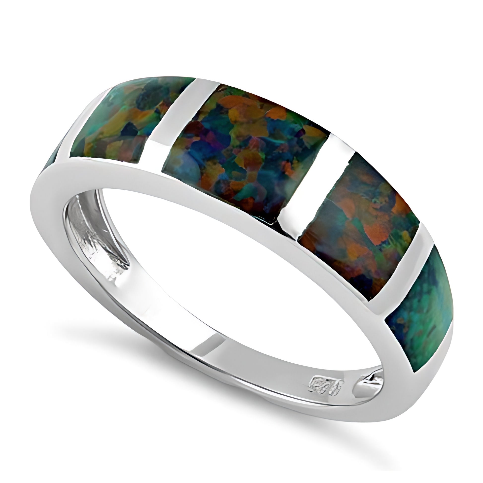 Sterling Silver 5 Bar Green-Black Lab Opal Ring for Women, CZ & Lab Opal, Promise Ring Gift