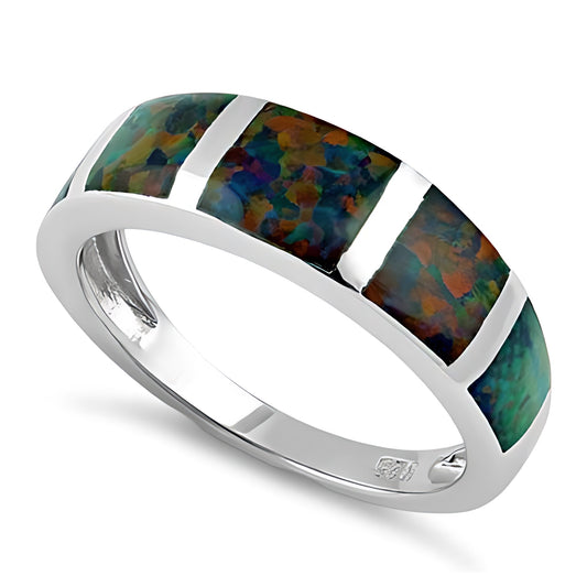 Sterling Silver 5 Bar Green-Black Lab Opal Ring for Women, CZ & Lab Opal, Promise Ring Gift