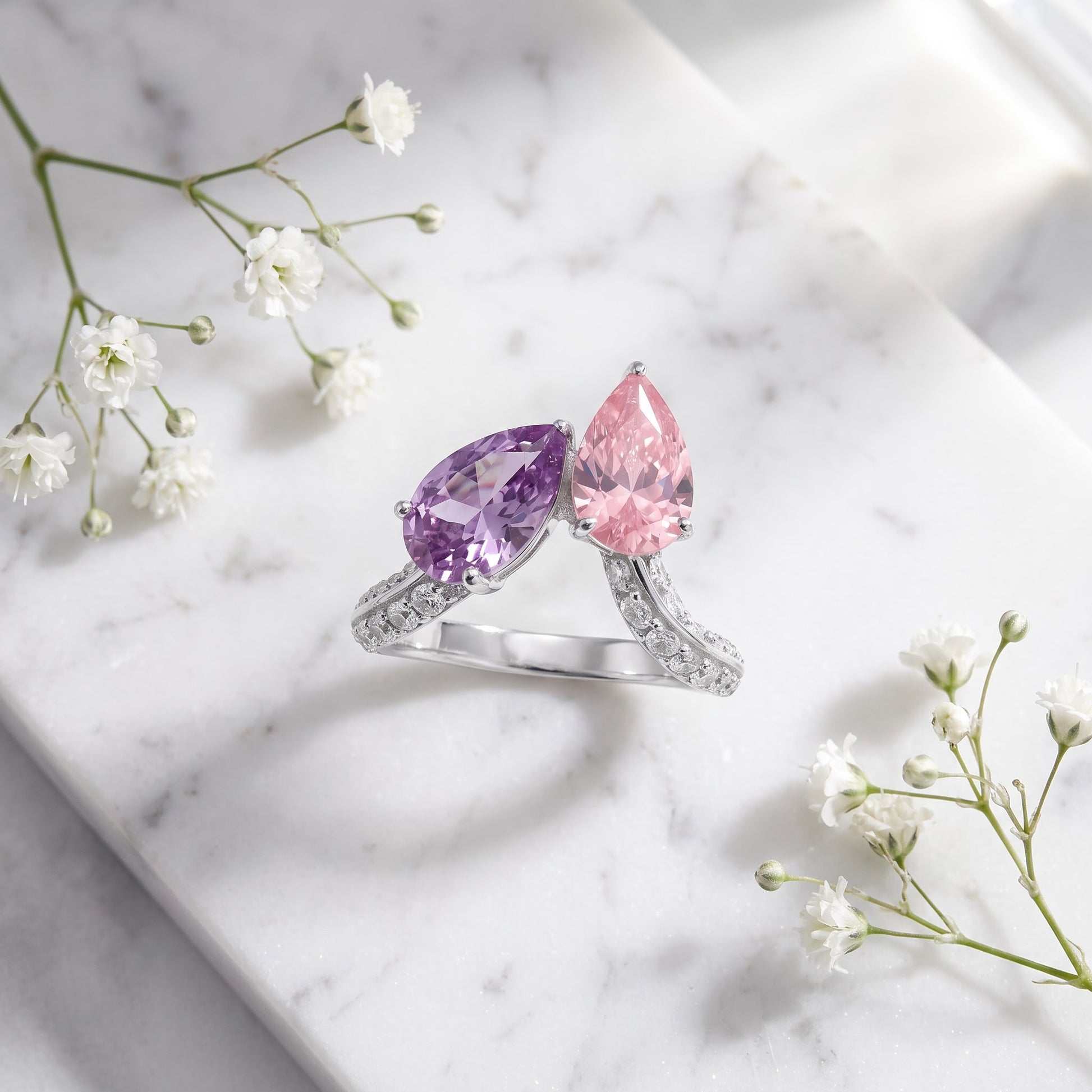 Sterling Silver Dreamy Pink & Lavender Pear CZ Ring for Women, Pear Cubic Zirconia, Promise Ring Gift view 1