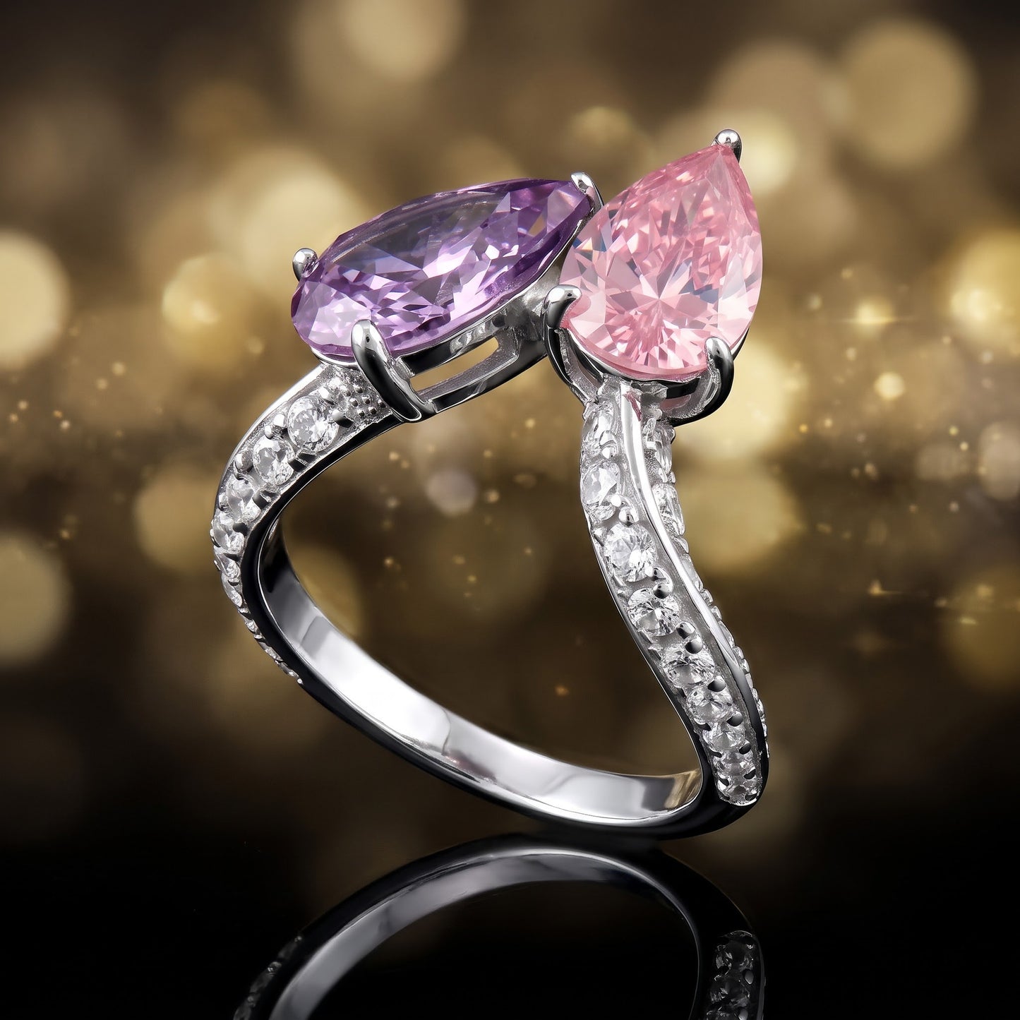 Sterling Silver Dreamy Pink & Lavender Pear CZ Ring for Women, Pear Cubic Zirconia, Promise Ring Gift view 4
