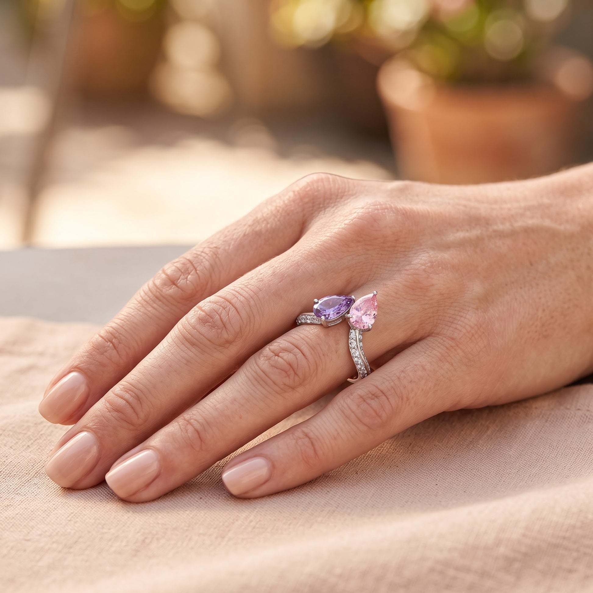 Sterling Silver Dreamy Pink & Lavender Pear CZ Ring for Women, Pear Cubic Zirconia, Promise Ring Gift view 5