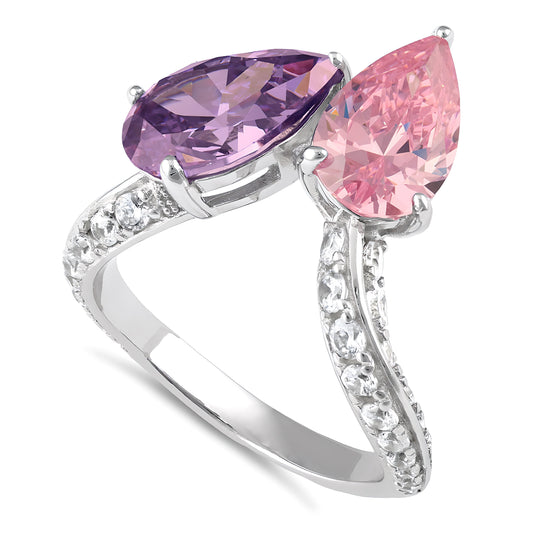Sterling Silver Dreamy Pink & Lavender Pear CZ Ring for Women, Pear Cubic Zirconia, Promise Ring Gift