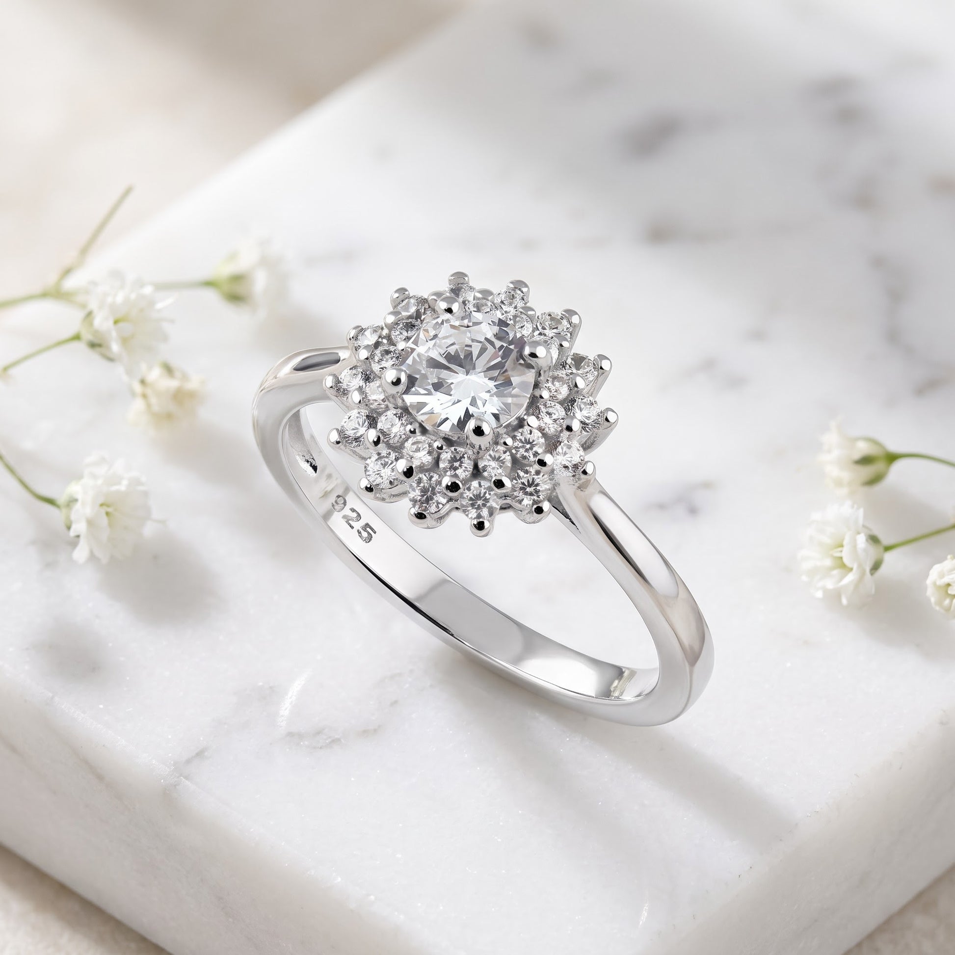 Sterling Silver Double Halo Sunflower Engagement CZ Ring for Women, Cubic Zirconia, Promise Ring Gift view 1