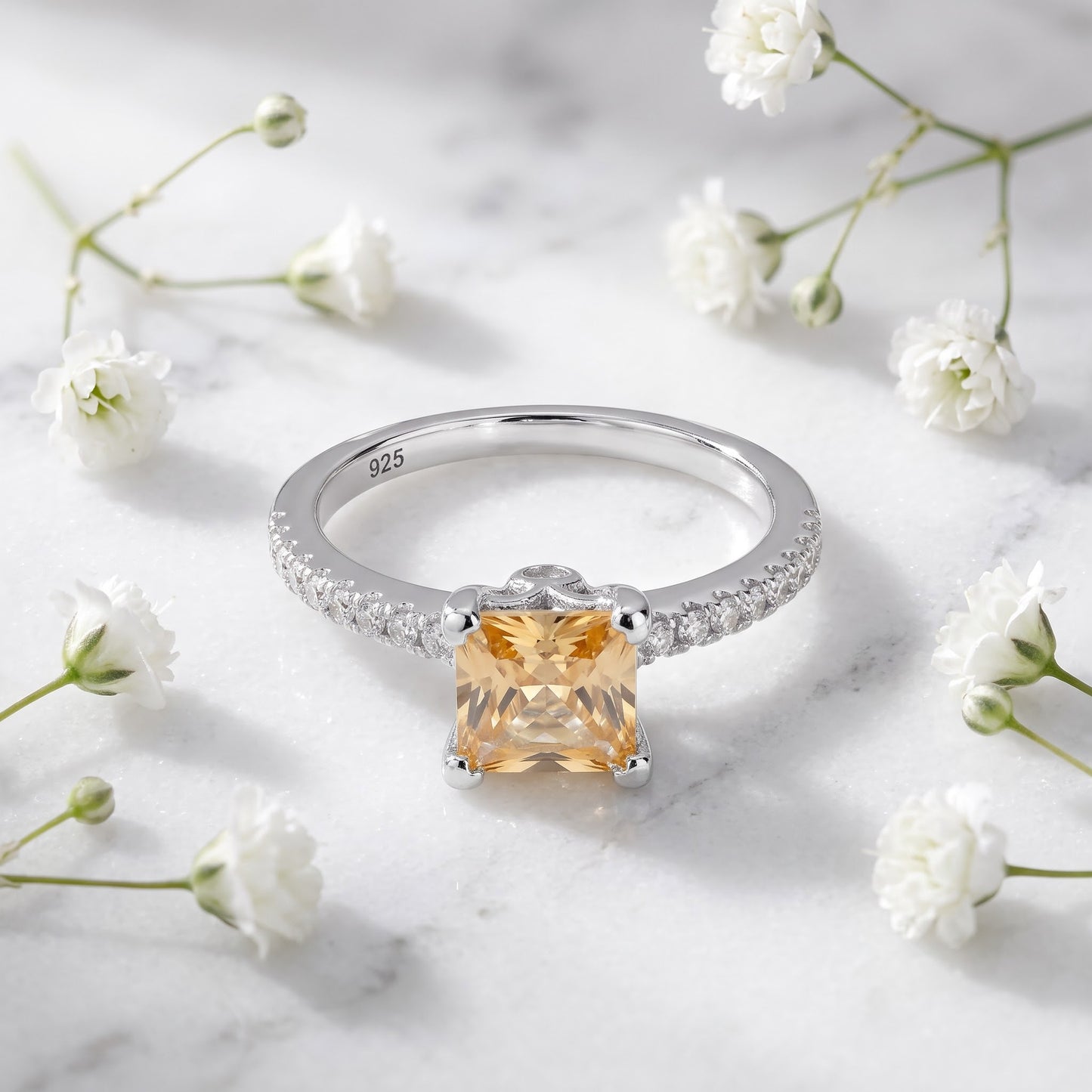 Sterling Silver Classic Princess Cut Champagne Engagement CZ Ring for Women, Princess Cubic Zirconia, Promise Ring Gift view 1