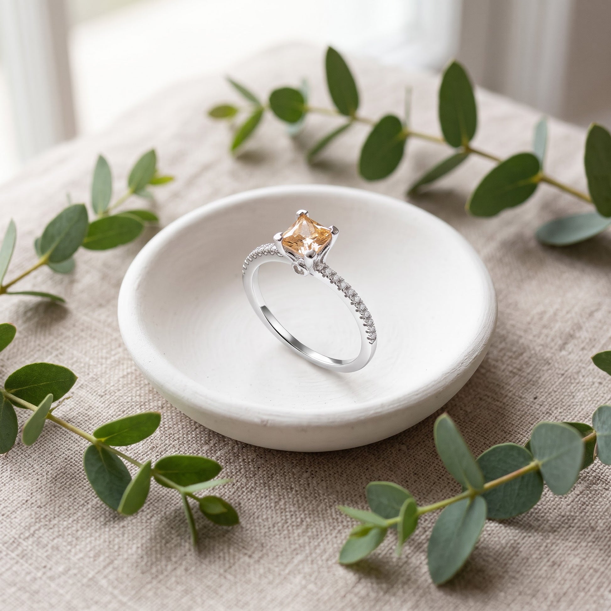 Sterling Silver Classic Princess Cut Champagne Engagement CZ Ring for Women, Princess Cubic Zirconia, Promise Ring Gift view 2