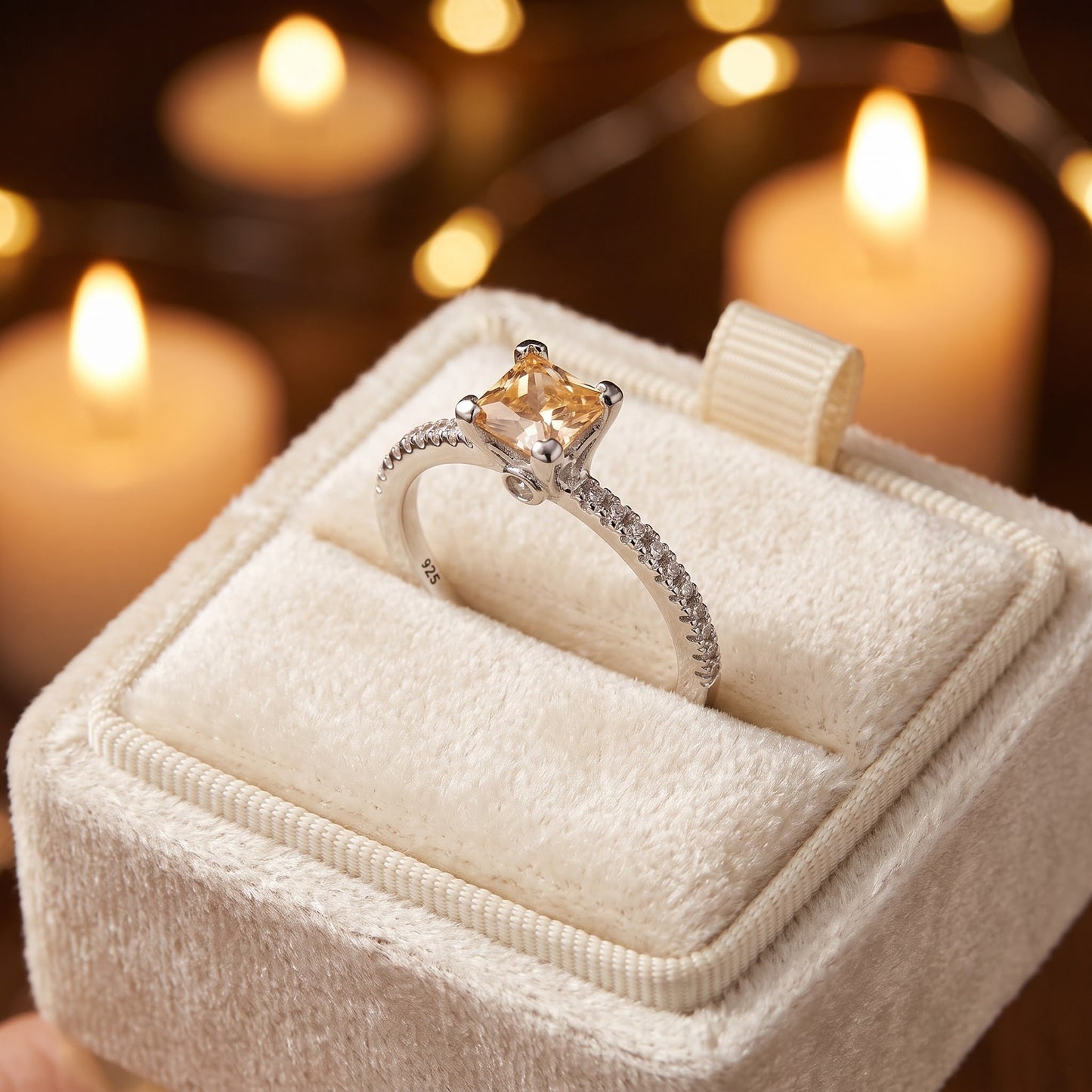 Sterling Silver Classic Princess Cut Champagne Engagement CZ Ring for Women, Princess Cubic Zirconia, Promise Ring Gift view 3
