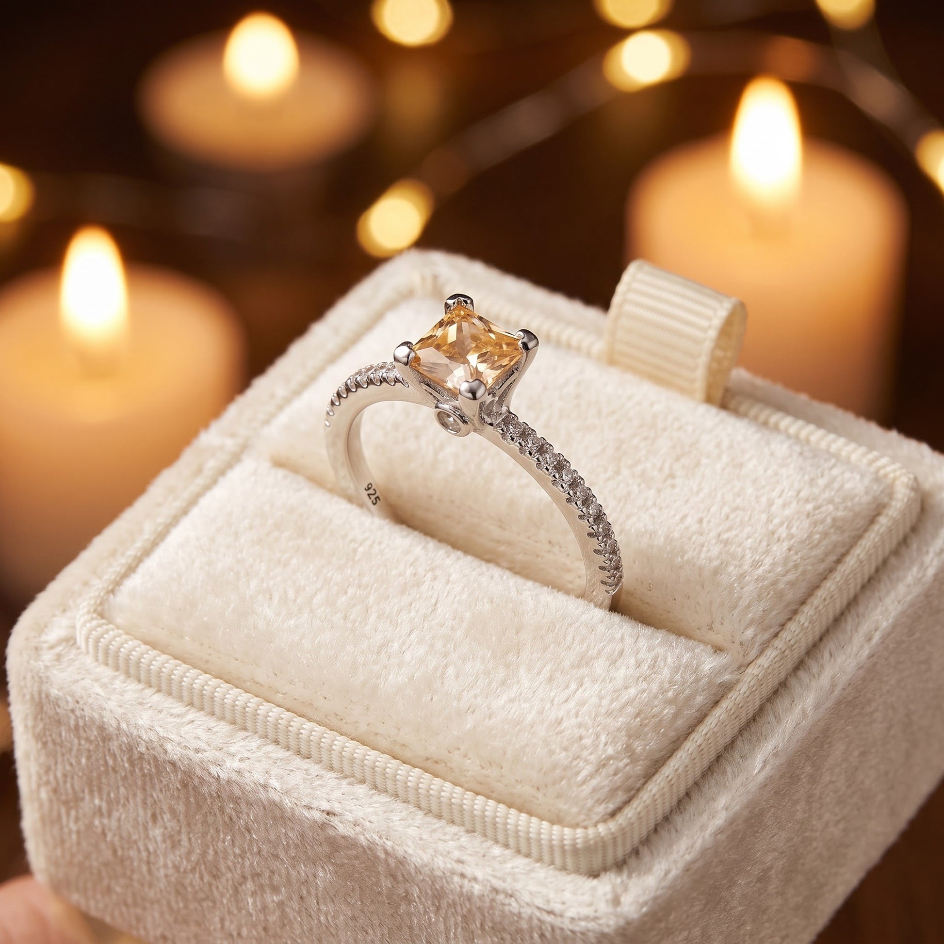 Sterling Silver Classic Princess Cut Champagne Engagement CZ Ring for Women, Princess Cubic Zirconia, Promise Ring Gift view 3