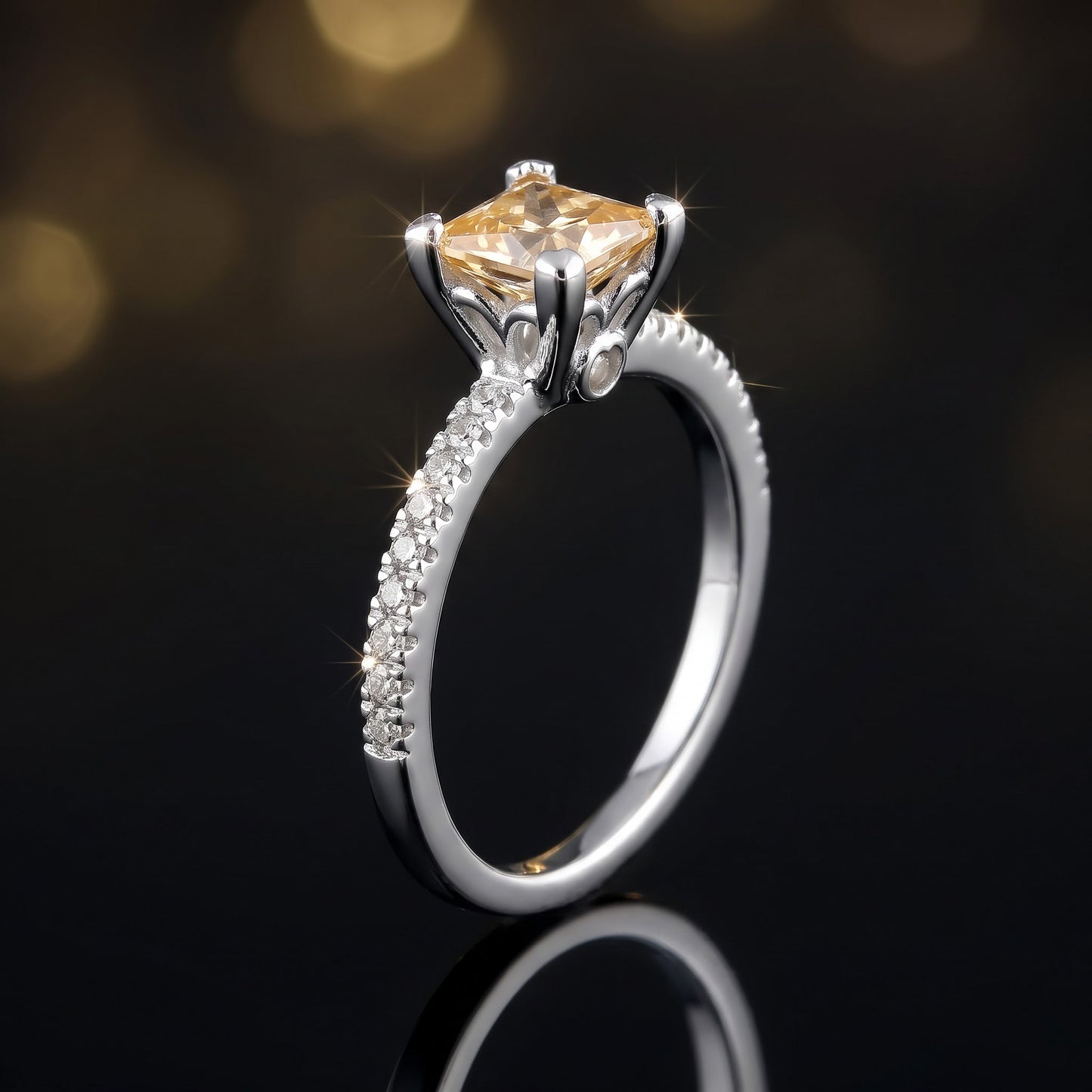 Sterling Silver Classic Princess Cut Champagne Engagement CZ Ring for Women, Princess Cubic Zirconia, Promise Ring Gift view 4