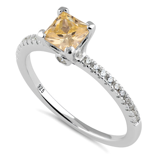 Sterling Silver Classic Princess Cut Champagne Engagement CZ Ring for Women, Princess Cubic Zirconia, Promise Ring Gift