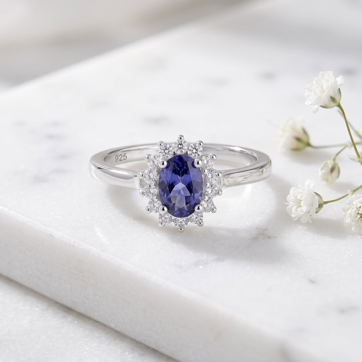 Sterling Silver Oval Blue Tanzanite Halo CZ Engagement Ring for Women, Oval Cubic Zirconia, Promise Ring Gift view 1