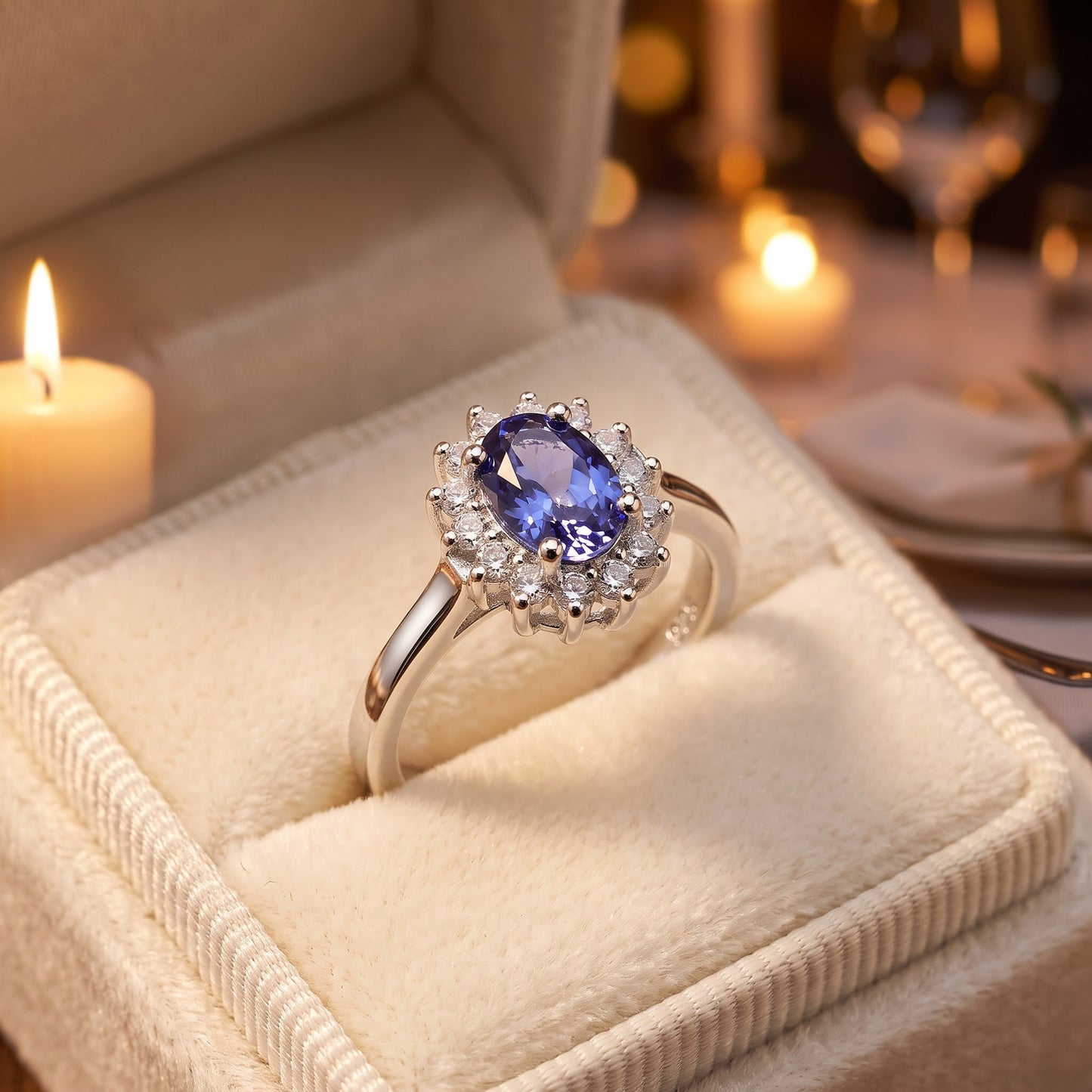 Sterling Silver Oval Blue Tanzanite Halo CZ Engagement Ring for Women, Oval Cubic Zirconia, Promise Ring Gift view 3