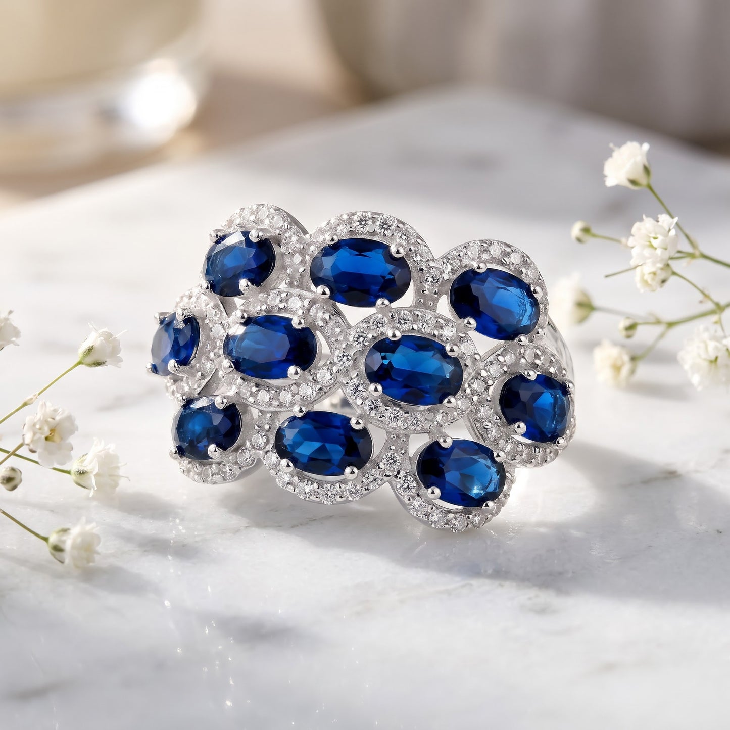 Sterling Silver Oval Blue Sapphire Halo CZ Cluster Ring for Women, Oval Cubic Zirconia, Promise Ring Gift view 1
