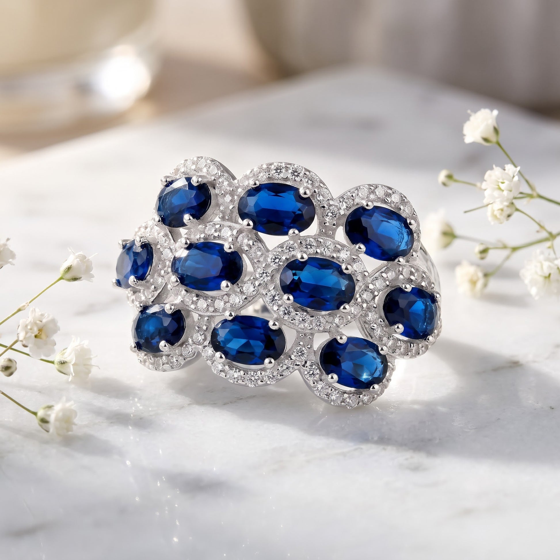 Sterling Silver Oval Blue Sapphire Halo CZ Cluster Ring for Women, Oval Cubic Zirconia, Promise Ring Gift view 1