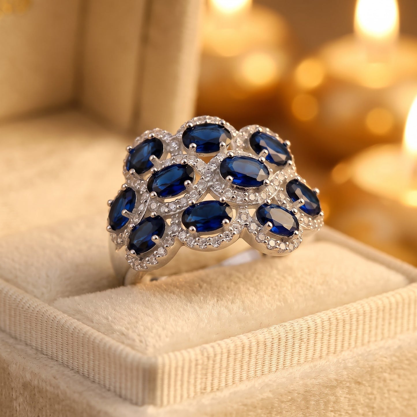 Sterling Silver Oval Blue Sapphire Halo CZ Cluster Ring for Women, Oval Cubic Zirconia, Promise Ring Gift view 3
