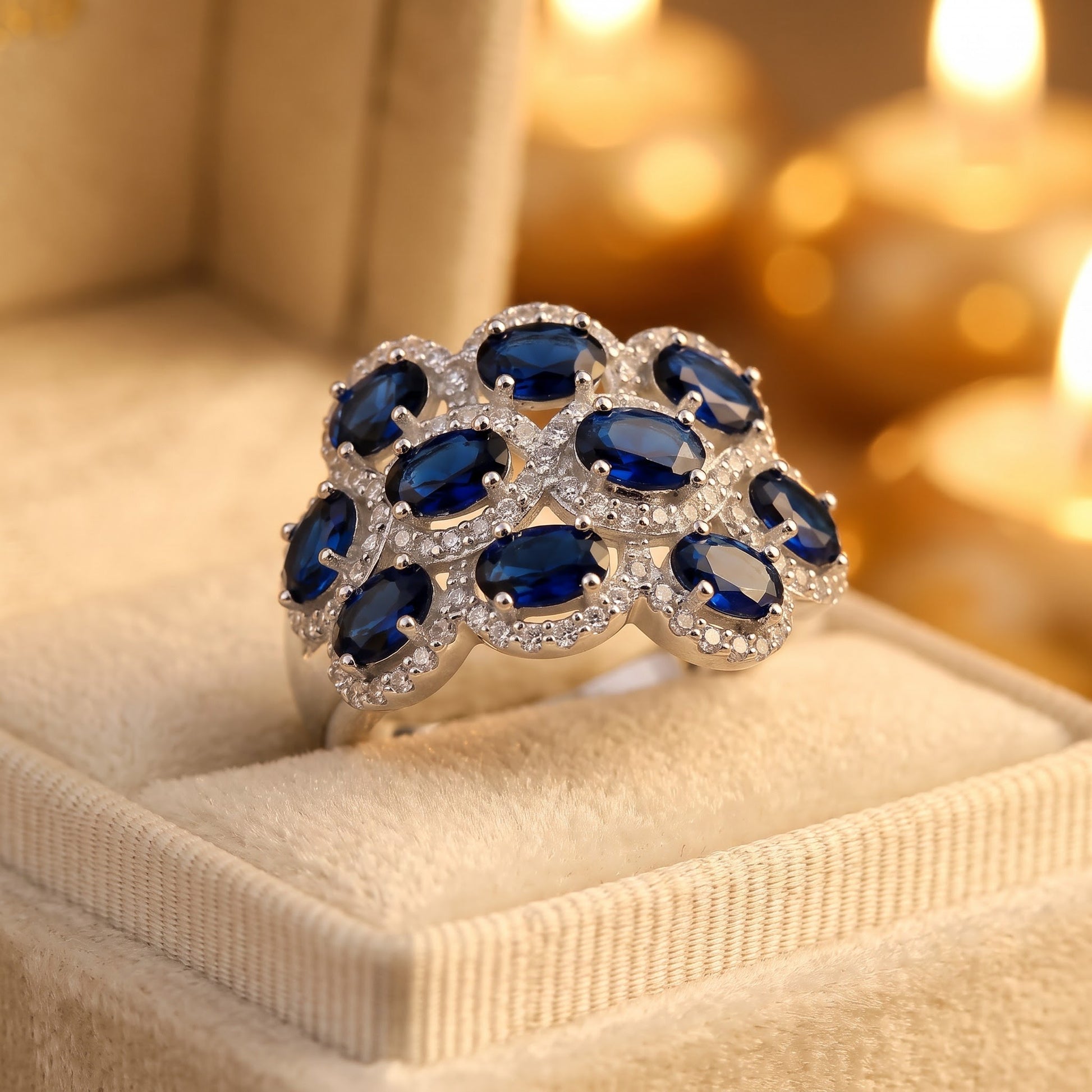 Sterling Silver Oval Blue Sapphire Halo CZ Cluster Ring for Women, Oval Cubic Zirconia, Promise Ring Gift view 3