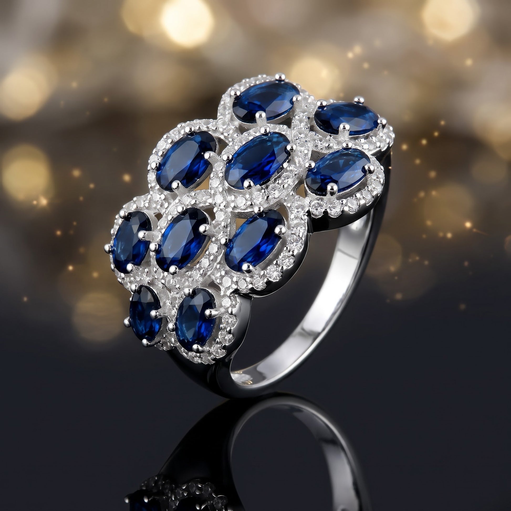 Sterling Silver Oval Blue Sapphire Halo CZ Cluster Ring for Women, Oval Cubic Zirconia, Promise Ring Gift view 4