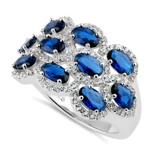 Sterling Silver Oval Blue Sapphire Halo CZ Cluster Ring for Women, Oval Cubic Zirconia, Promise Ring Gift