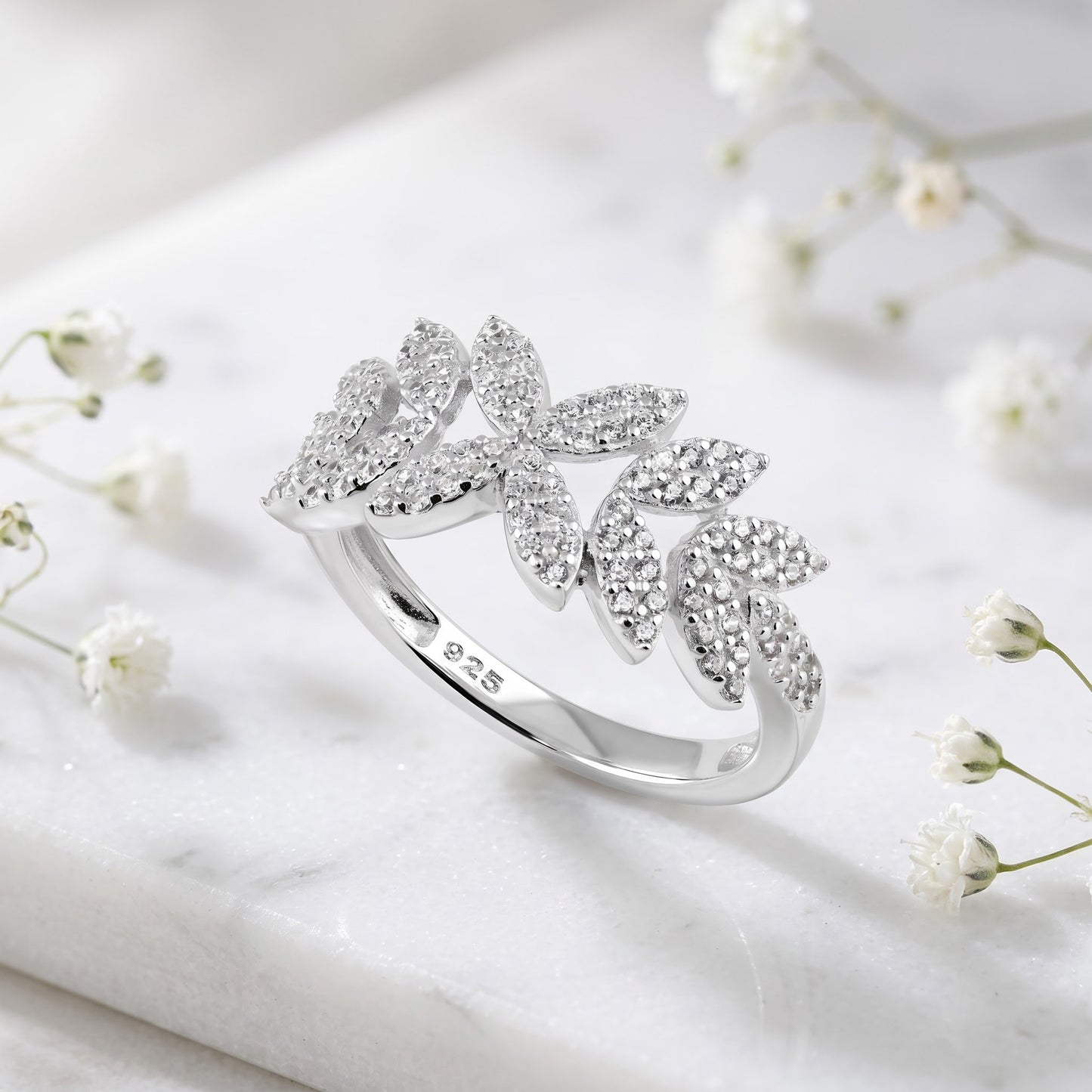 Sterling Silver Elegant Leaf CZ Ring for Women, Cubic Zirconia, Promise Ring Gift view 1