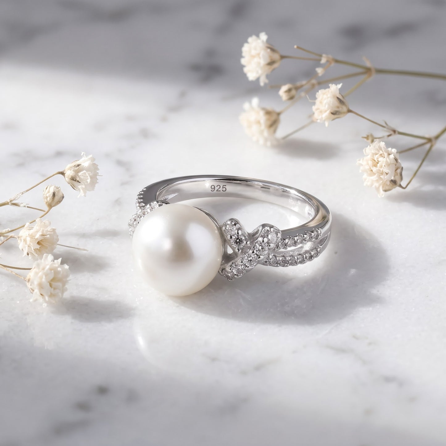 Sterling Silver Knot Shell Pearl CZ Engagement Ring for Women, Cubic Zirconia, Promise Ring Gift view 1
