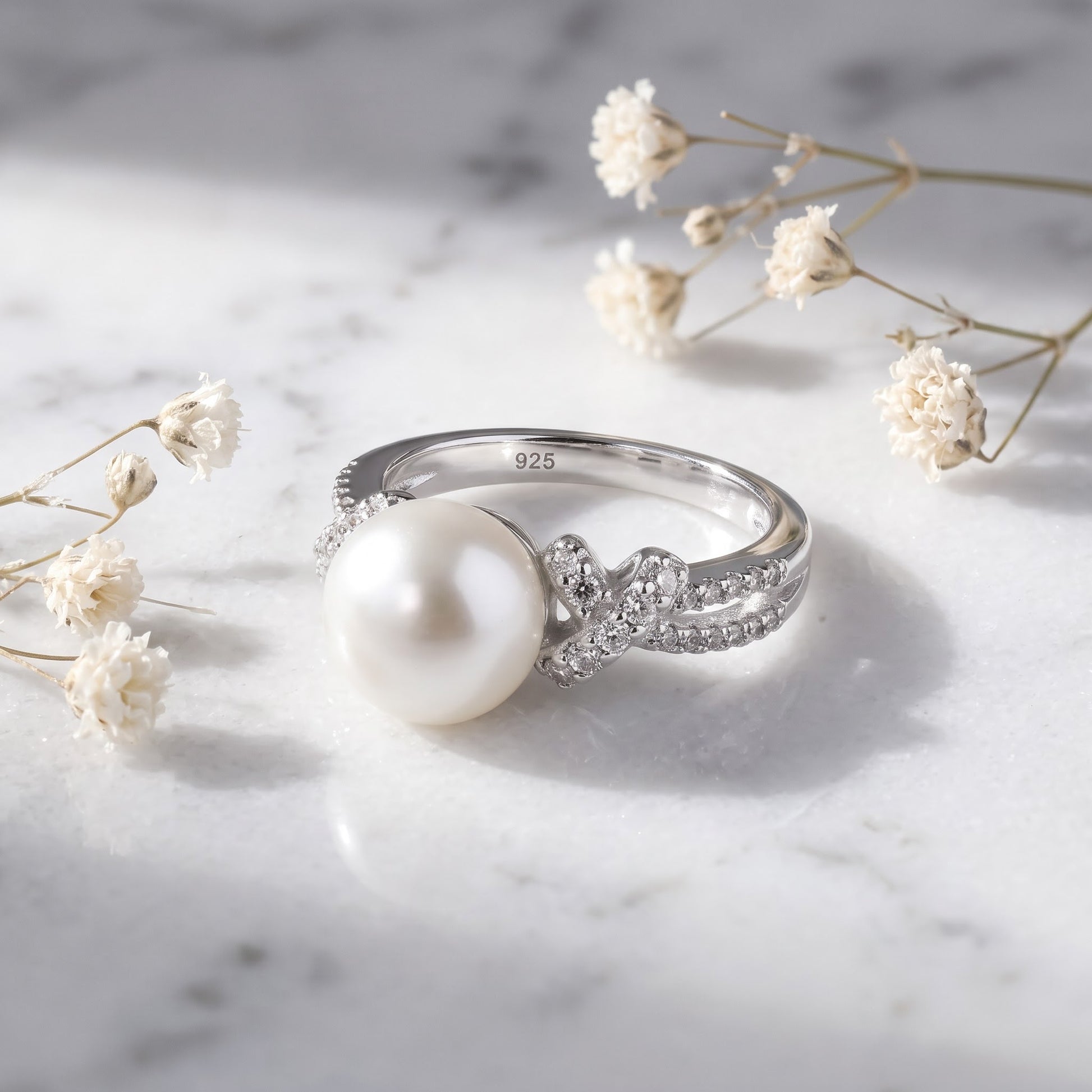 Sterling Silver Knot Shell Pearl CZ Engagement Ring for Women, Cubic Zirconia, Promise Ring Gift view 1
