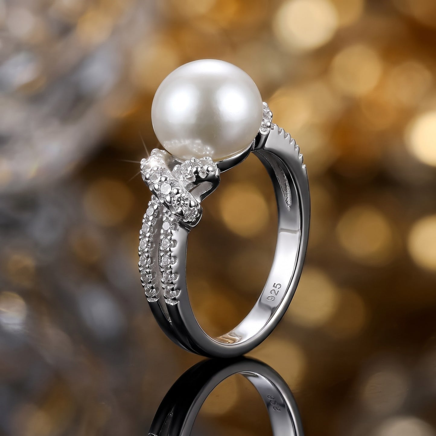 Sterling Silver Knot Shell Pearl CZ Engagement Ring for Women, Cubic Zirconia, Promise Ring Gift view 4