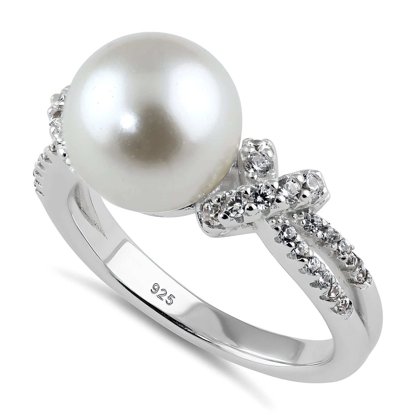 Sterling Silver Knot Shell Pearl CZ Engagement Ring for Women, Cubic Zirconia, Promise Ring Gift