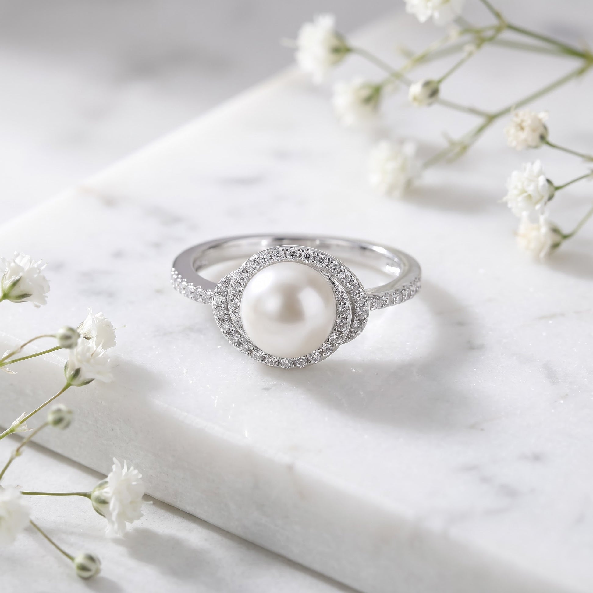 Sterling Silver Spiral Shell Pearl CZ Engagement Ring for Women, Cubic Zirconia, Promise Ring Gift view 1