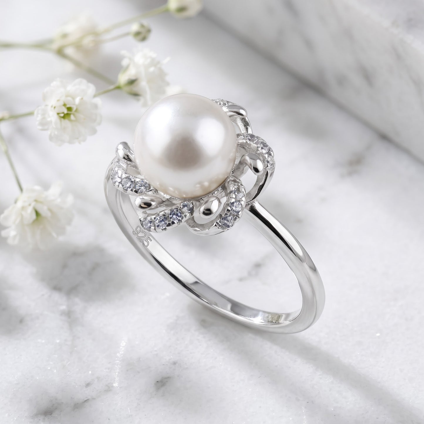 Sterling Silver Floral Shell Pearl CZ Engagement Ring for Women, Cubic Zirconia, Promise Ring Gift view 1