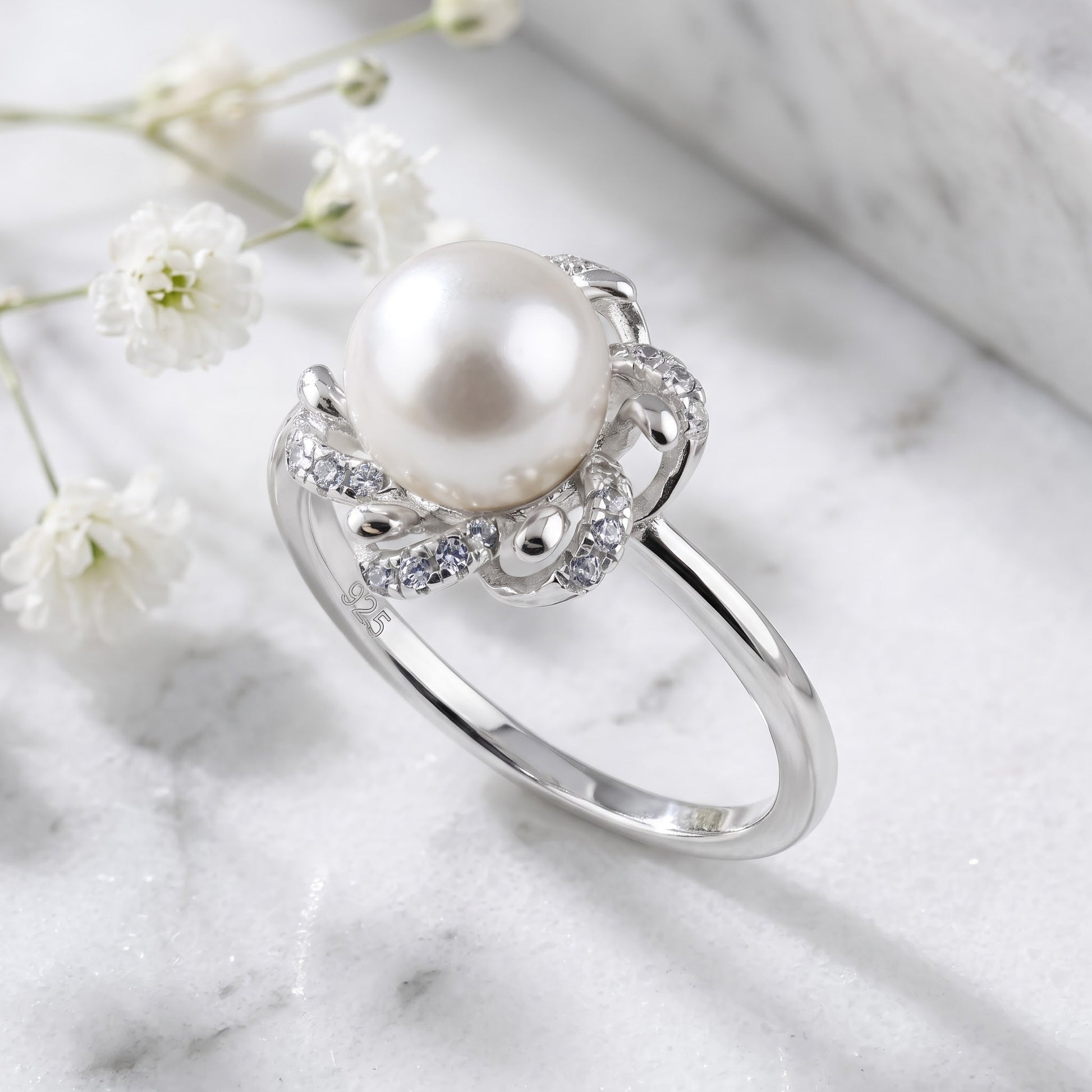 Sterling Silver Floral Shell Pearl CZ Engagement Ring for Women, Cubic Zirconia, Promise Ring Gift view 1