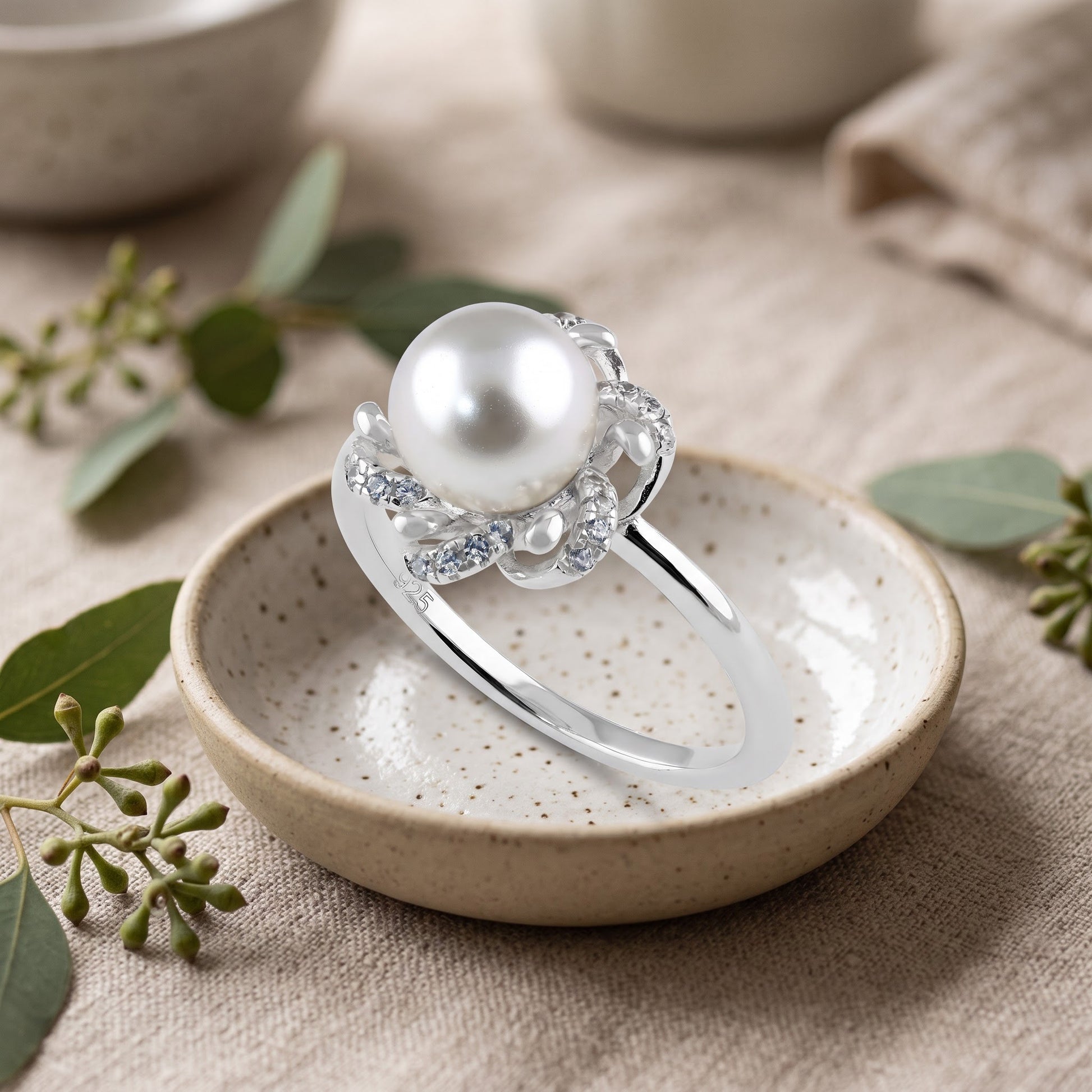 Sterling Silver Floral Shell Pearl CZ Engagement Ring for Women, Cubic Zirconia, Promise Ring Gift view 2