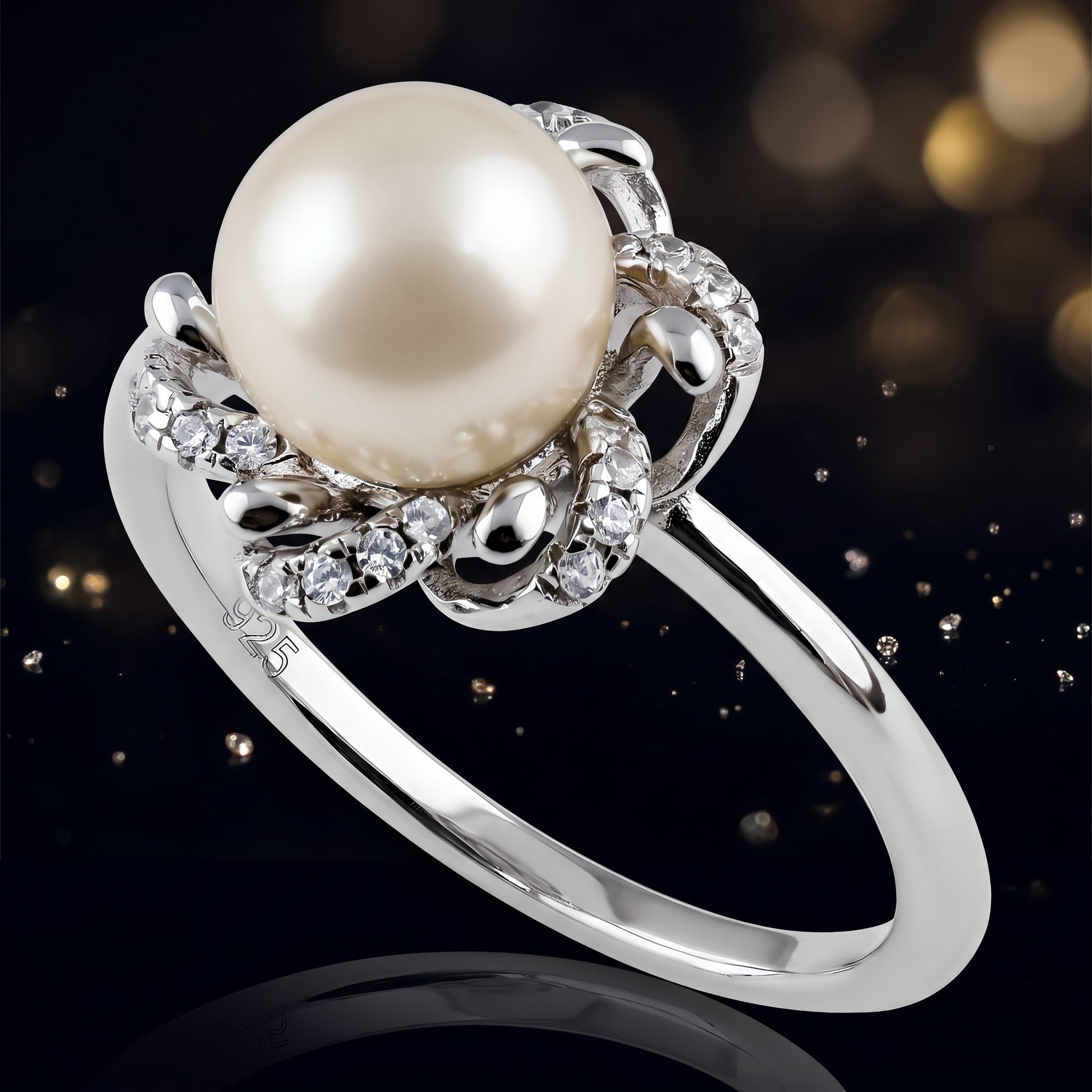 Sterling Silver Floral Shell Pearl CZ Engagement Ring for Women, Cubic Zirconia, Promise Ring Gift view 4