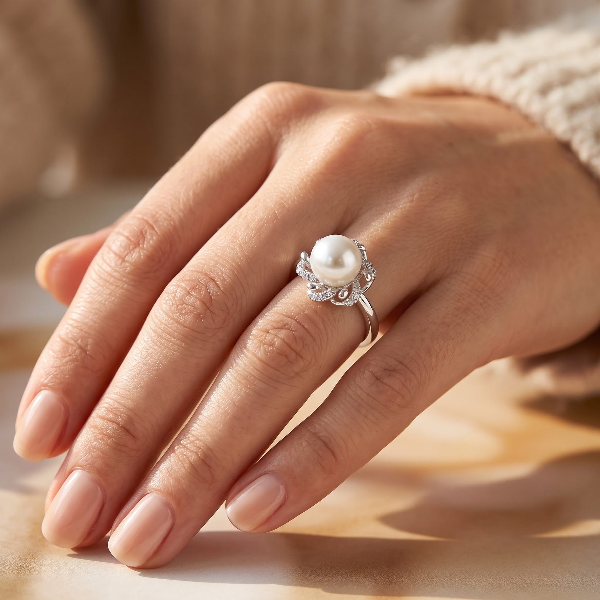 Sterling Silver Floral Shell Pearl CZ Engagement Ring for Women, Cubic Zirconia, Promise Ring Gift view 5