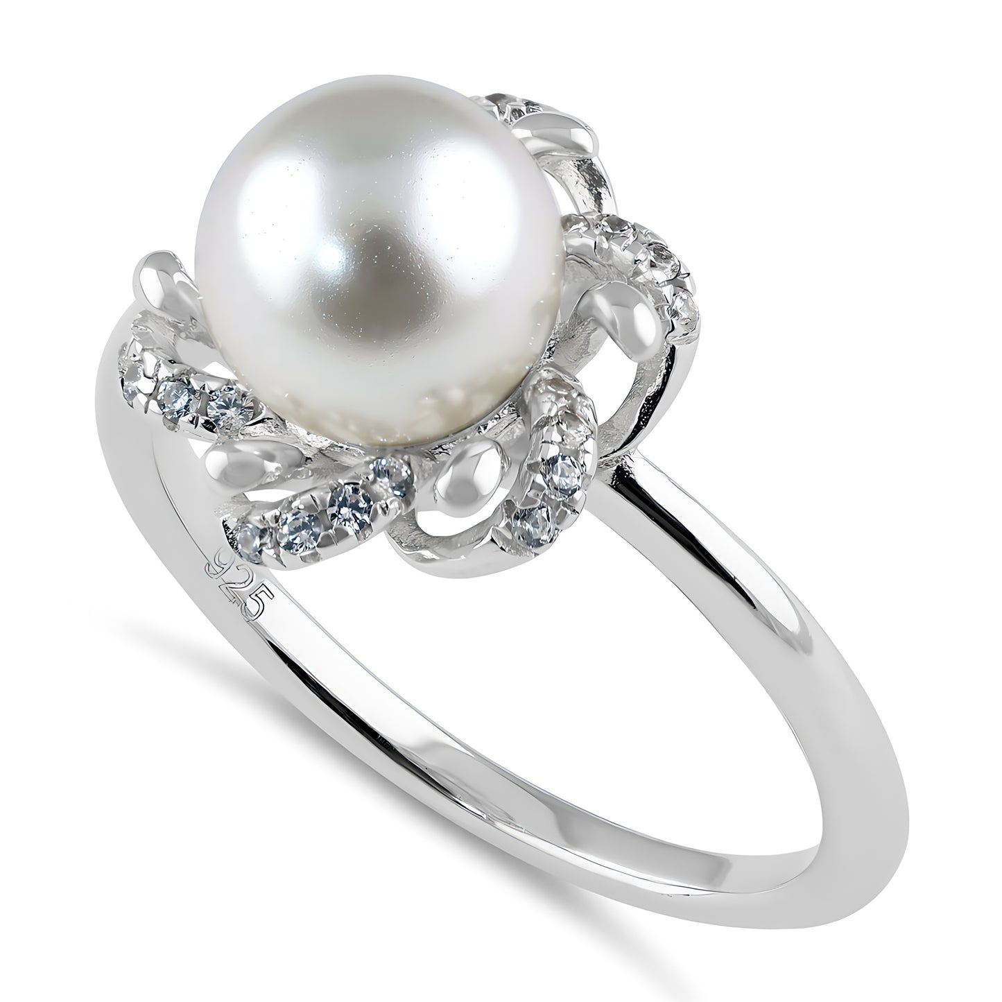 Sterling Silver Floral Shell Pearl CZ Engagement Ring for Women, Cubic Zirconia, Promise Ring Gift