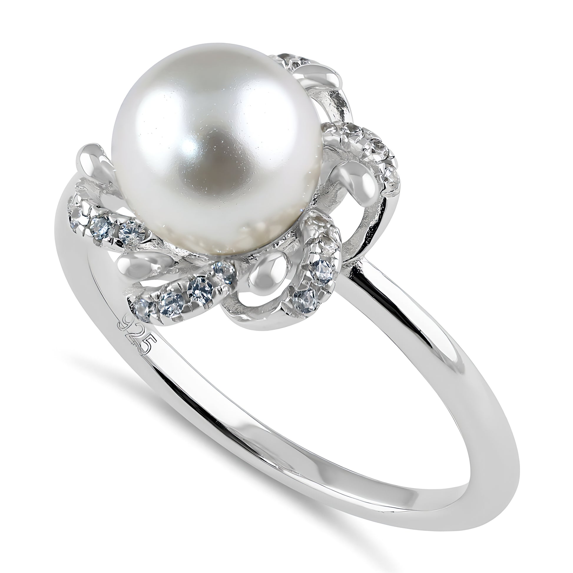 Sterling Silver Floral Shell Pearl CZ Engagement Ring for Women, Cubic Zirconia, Promise Ring Gift