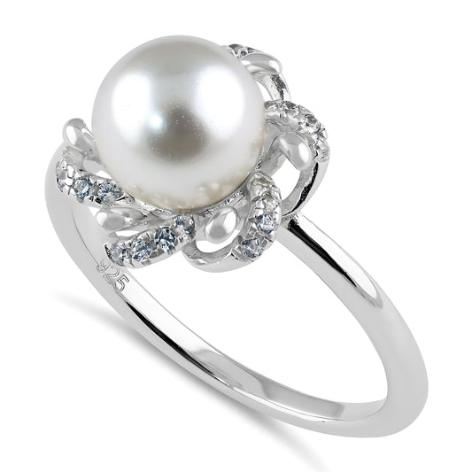 Sterling Silver Floral Shell Pearl CZ Engagement Ring for Women, Cubic Zirconia, Promise Ring Gift