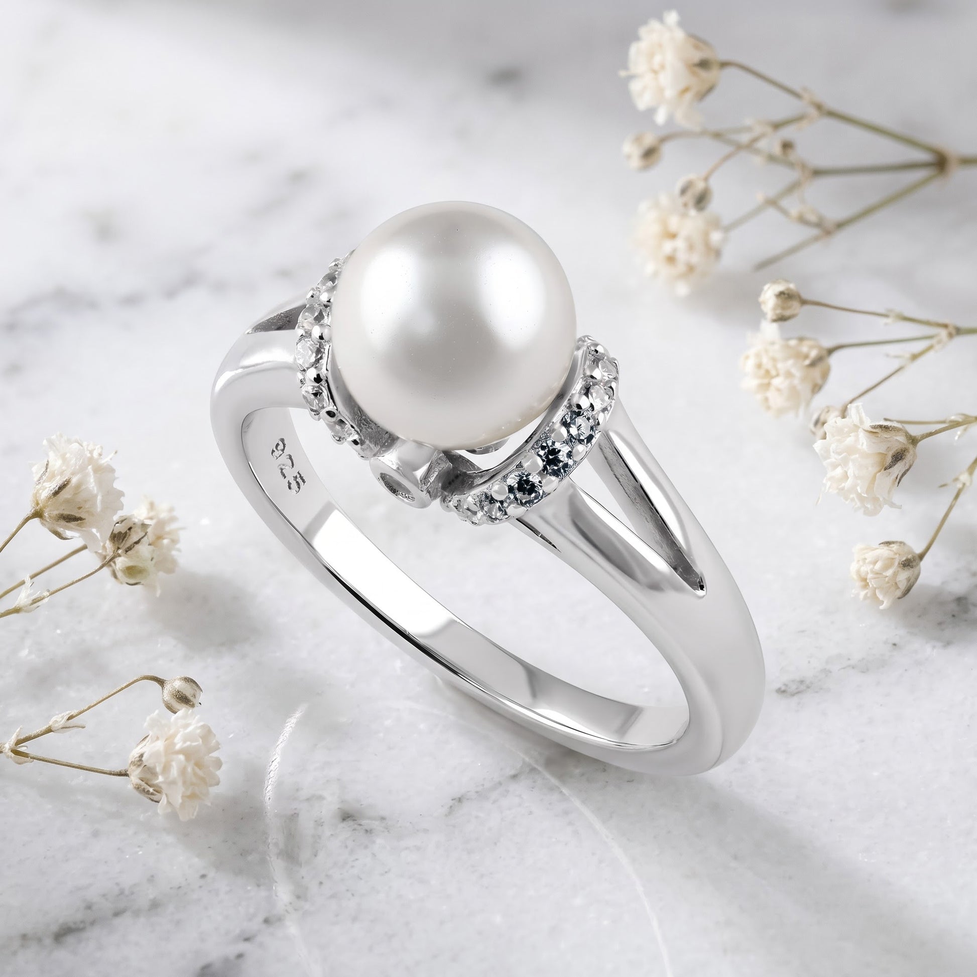 Sterling Silver Classic Shell Pearl CZ Engagement Ring for Women, Cubic Zirconia, Promise Ring Gift view 1