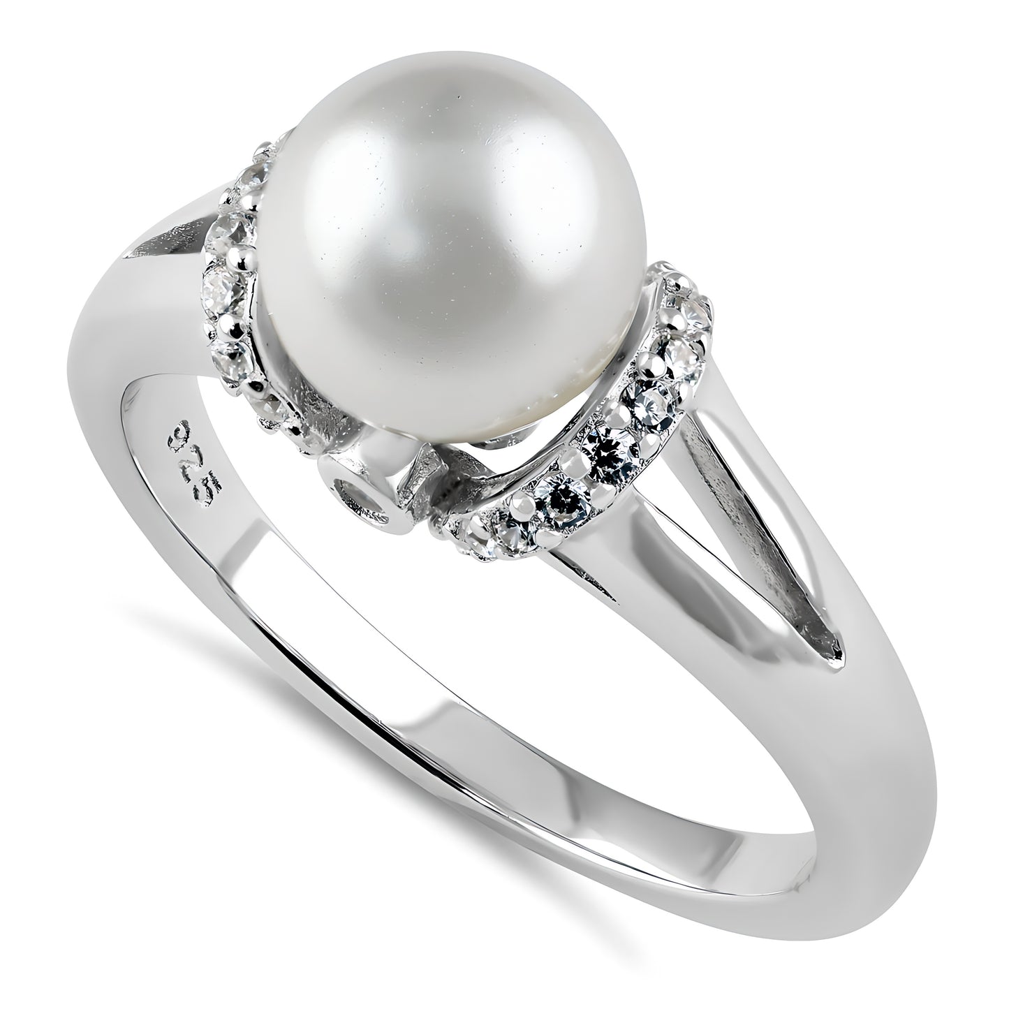 Sterling Silver Classic Shell Pearl CZ Engagement Ring for Women, Cubic Zirconia, Promise Ring Gift