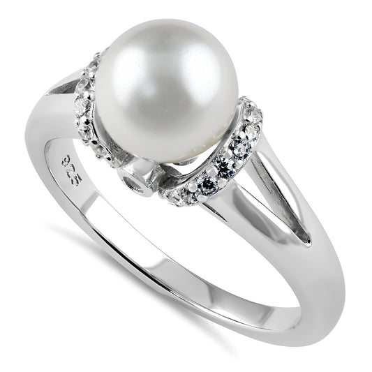 Sterling Silver Classic Shell Pearl CZ Engagement Ring for Women, Cubic Zirconia, Promise Ring Gift
