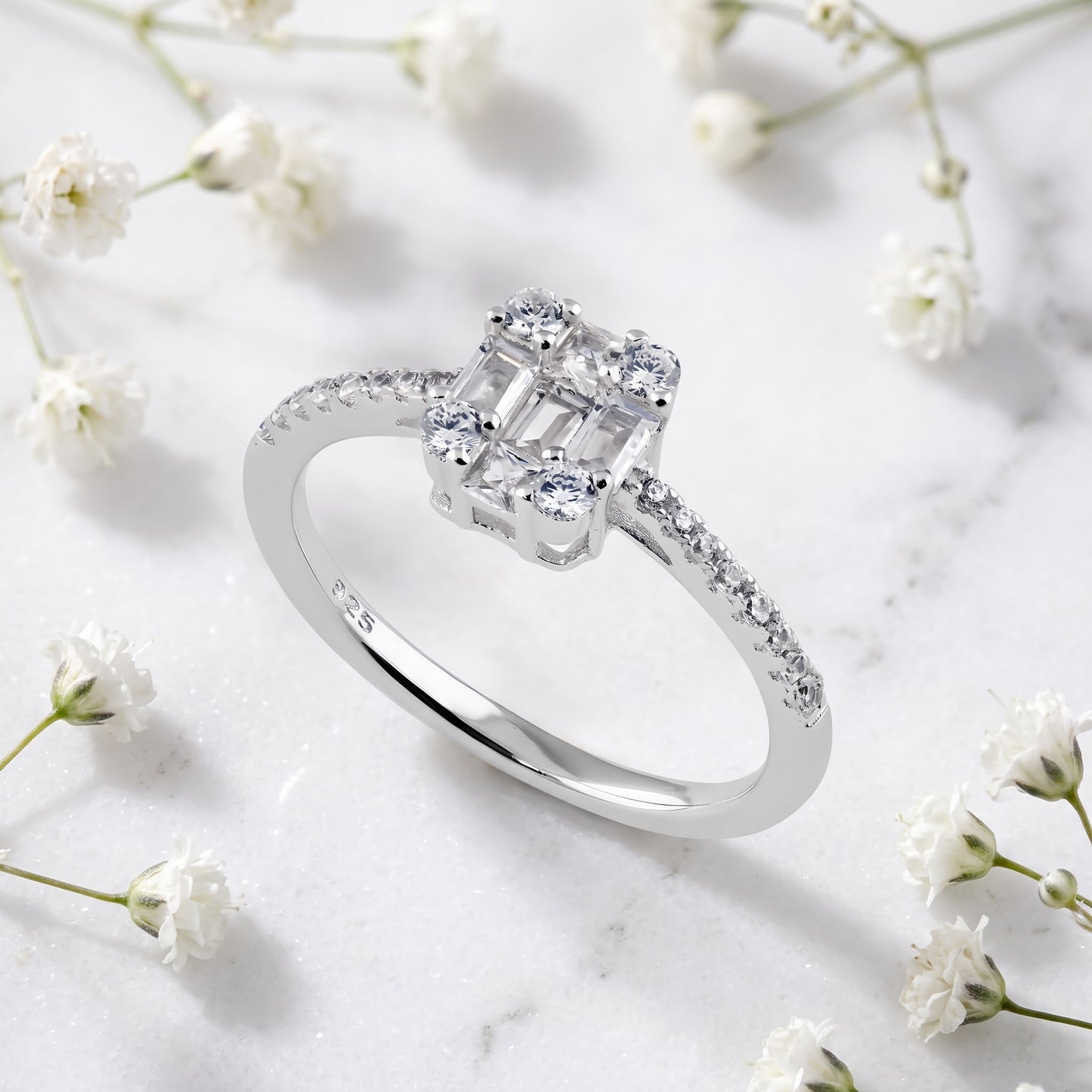 Sterling Silver Baguette Princess & Round Cut CZ Engagement Ring for Women, Princess Cubic Zirconia, Promise Ring Gift view 1