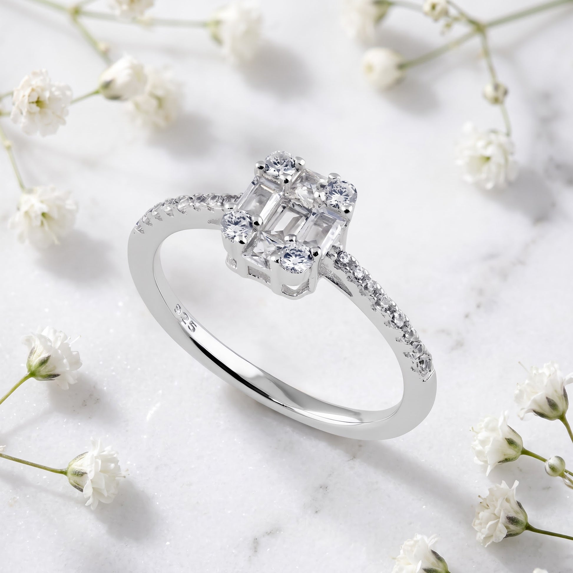 Sterling Silver Baguette Princess & Round Cut CZ Engagement Ring for Women, Princess Cubic Zirconia, Promise Ring Gift view 1