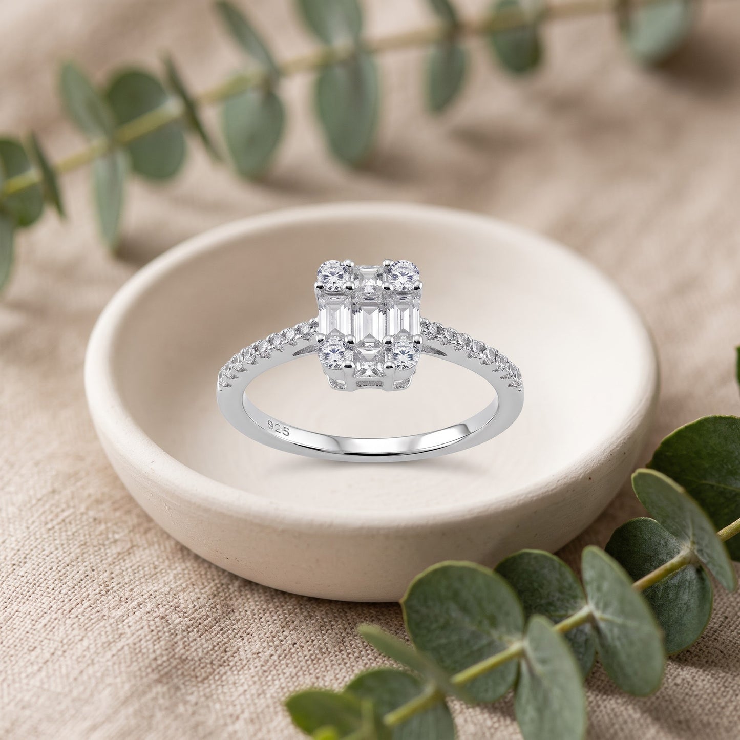 Sterling Silver Baguette Princess & Round Cut CZ Engagement Ring for Women, Princess Cubic Zirconia, Promise Ring Gift view 2