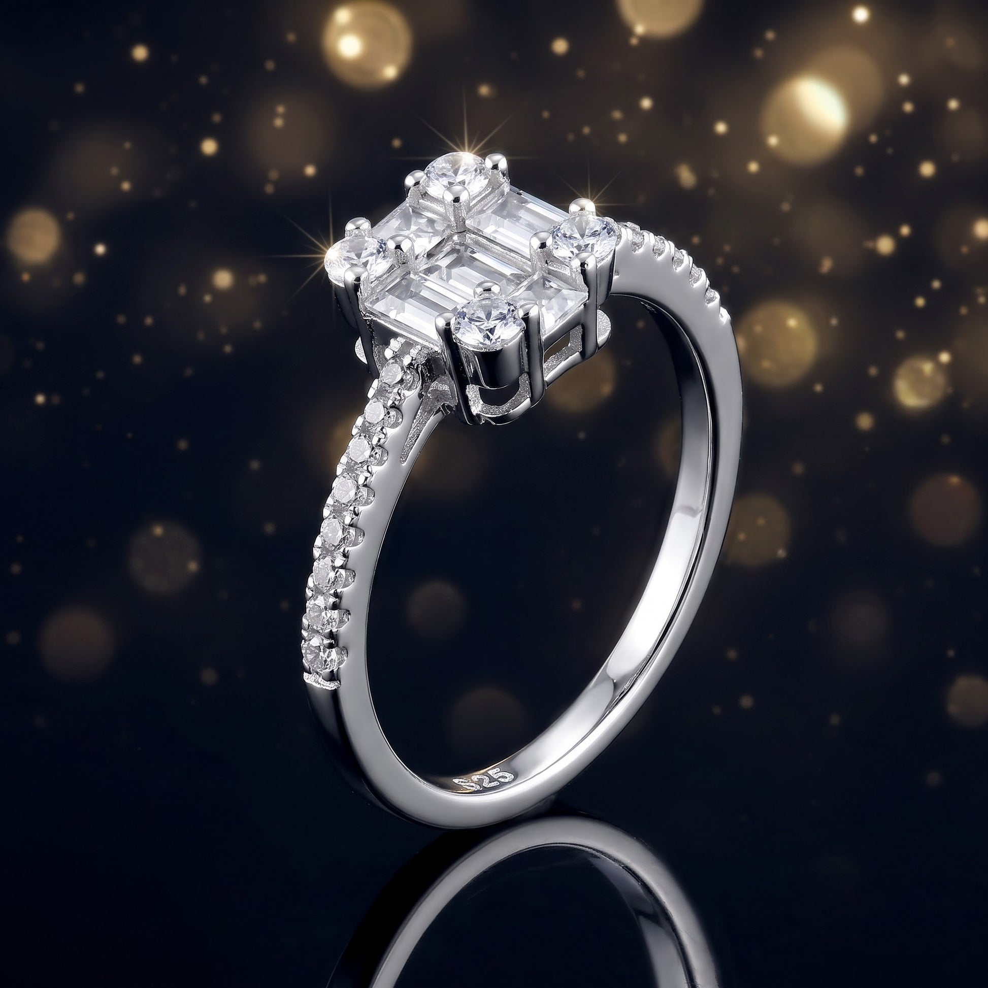 Sterling Silver Baguette Princess & Round Cut CZ Engagement Ring for Women, Princess Cubic Zirconia, Promise Ring Gift view 4